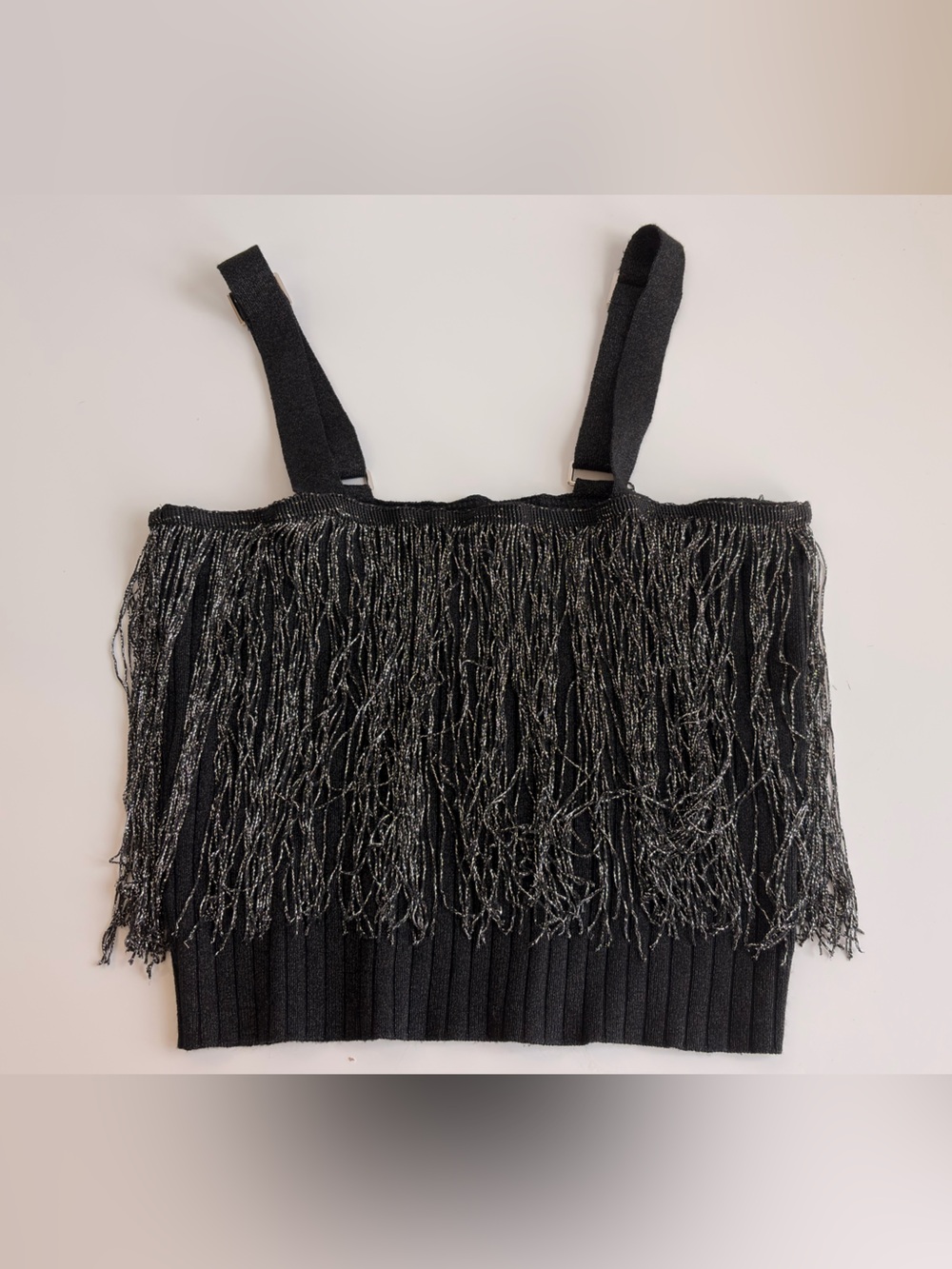 Fab’rik Black Silver Metallic Fringed Crop Ribbed Square Neck Tank Top Sz Medium - Picture 9 of 17